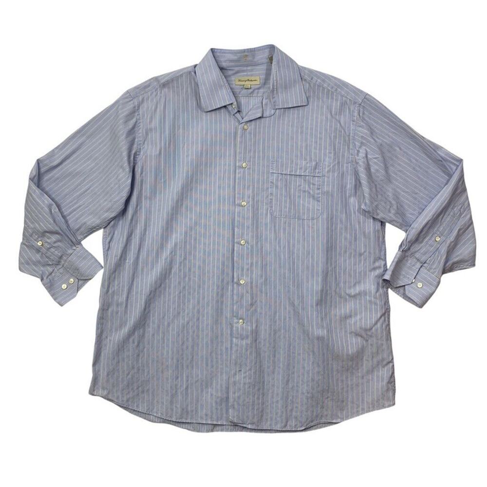 Tommy Bahama Shirt Mens 17.5 Blue Bell White Cotton Stripe Pocket Dress Business